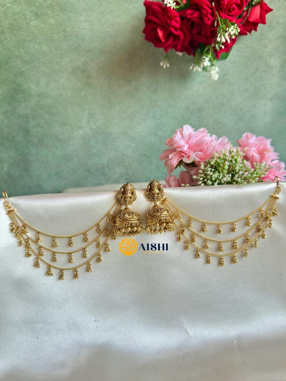 Gold Nakshi Jhumka With Earchain-BS104