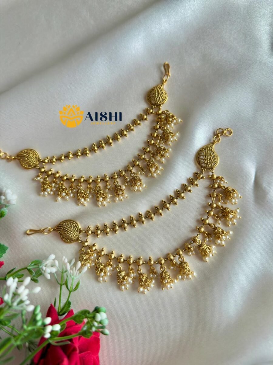 Two Layer Jhumka White beads Earchain-EC165