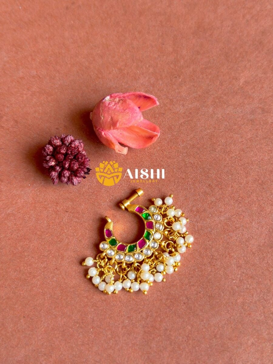 Jadau White Beads Nose Pin- NP34