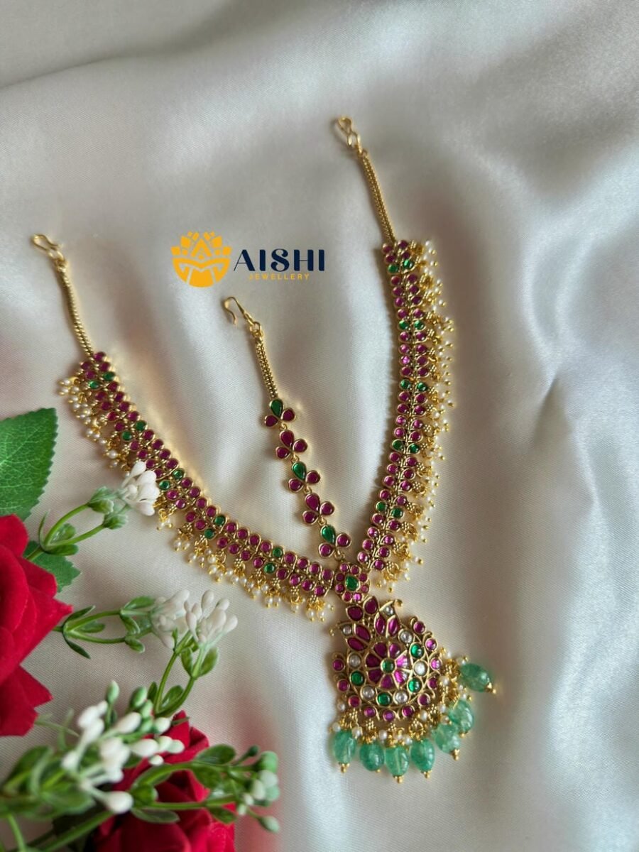 Floral Kemp Tikka(Mint Beads)- T328