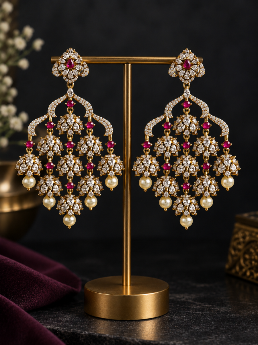 Sparkling Ruby AD Pearl Drops Earring-AE148