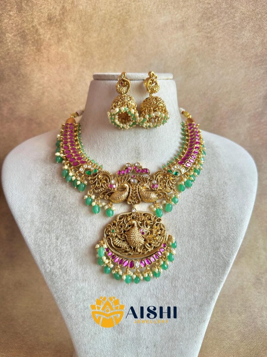 Peacock Jadu Mint Beads Necklace-N827