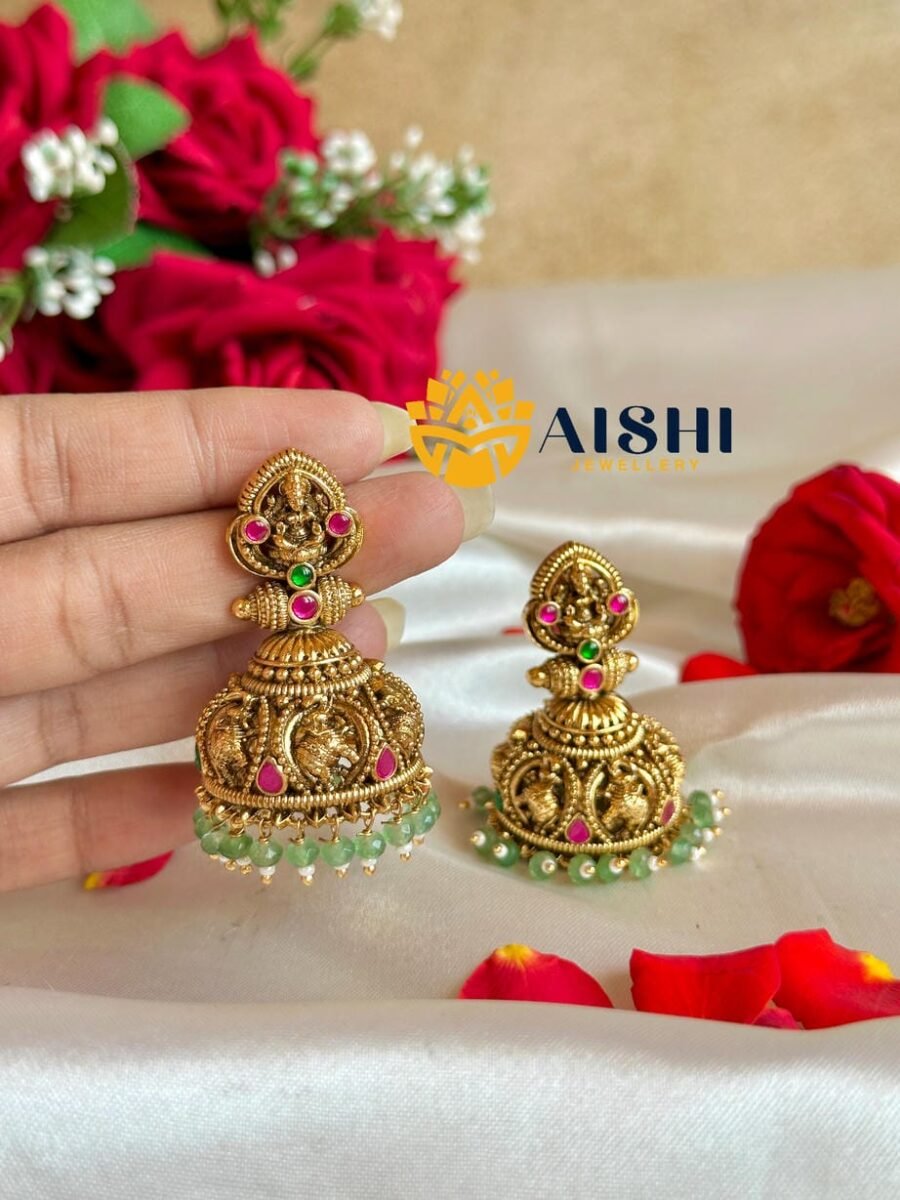 Nakshi Elephant Earring(Mint Beads)-E463