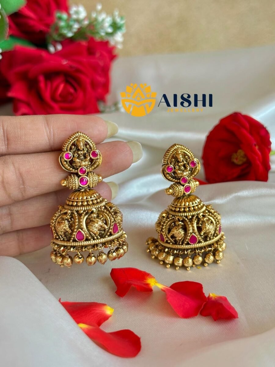 Nakshi Elephant Ruby Earring(Gold Beads)-E464
