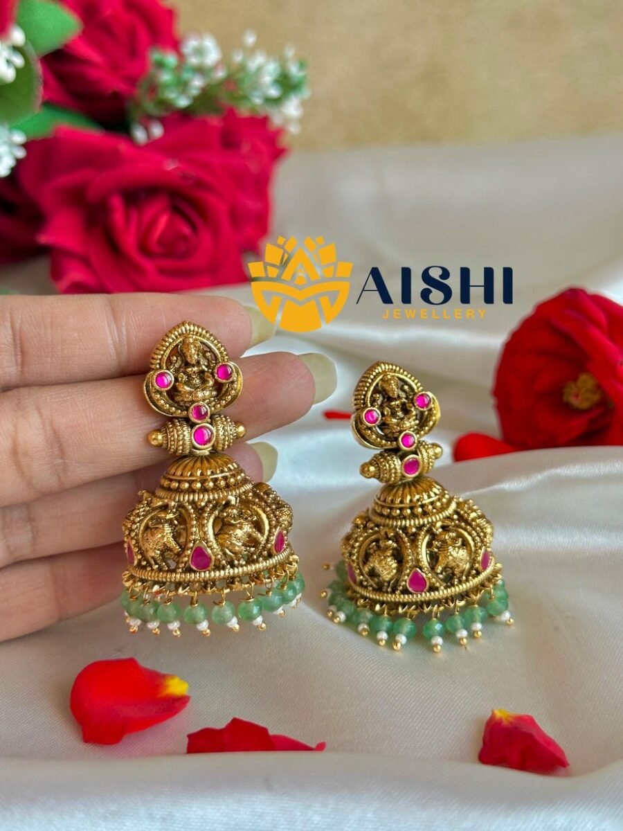 Nakshi Elephant Ruby Earring(Mint Beads)-E466