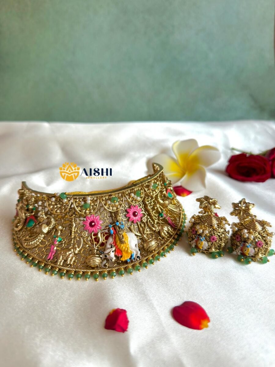 Eternal Krishna Kamadhenu Hand-Painted Choker-HN195