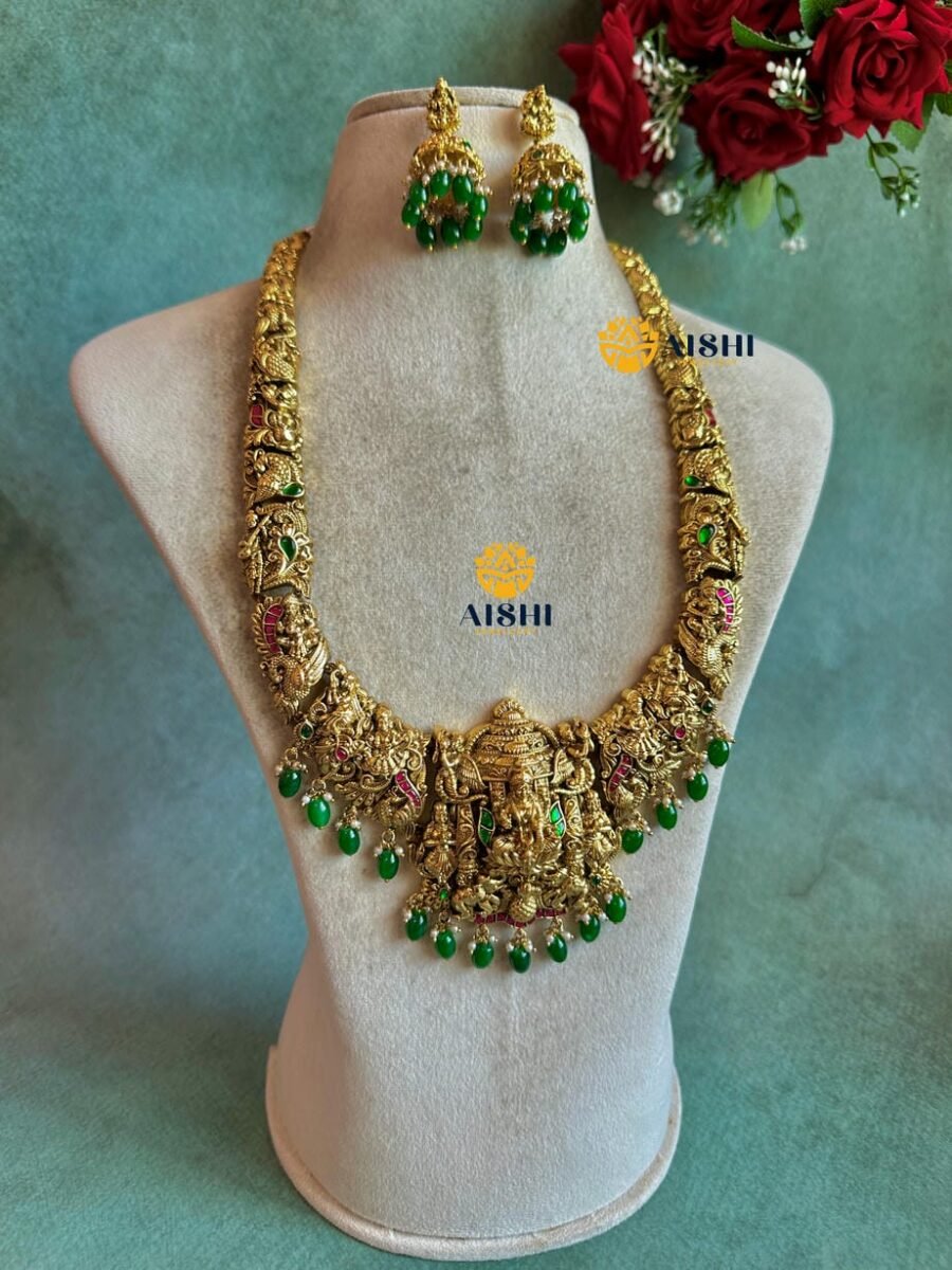 Royale Nakshi Haram with Green Beads – LH311