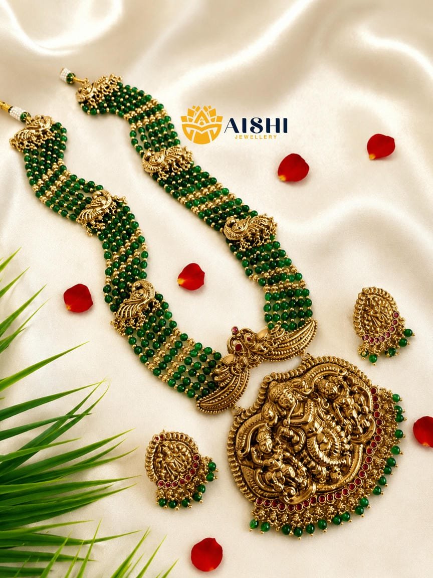 Bansuri Krishna Pendant with Mayura Mala Set ( Dark Green) – MA76
