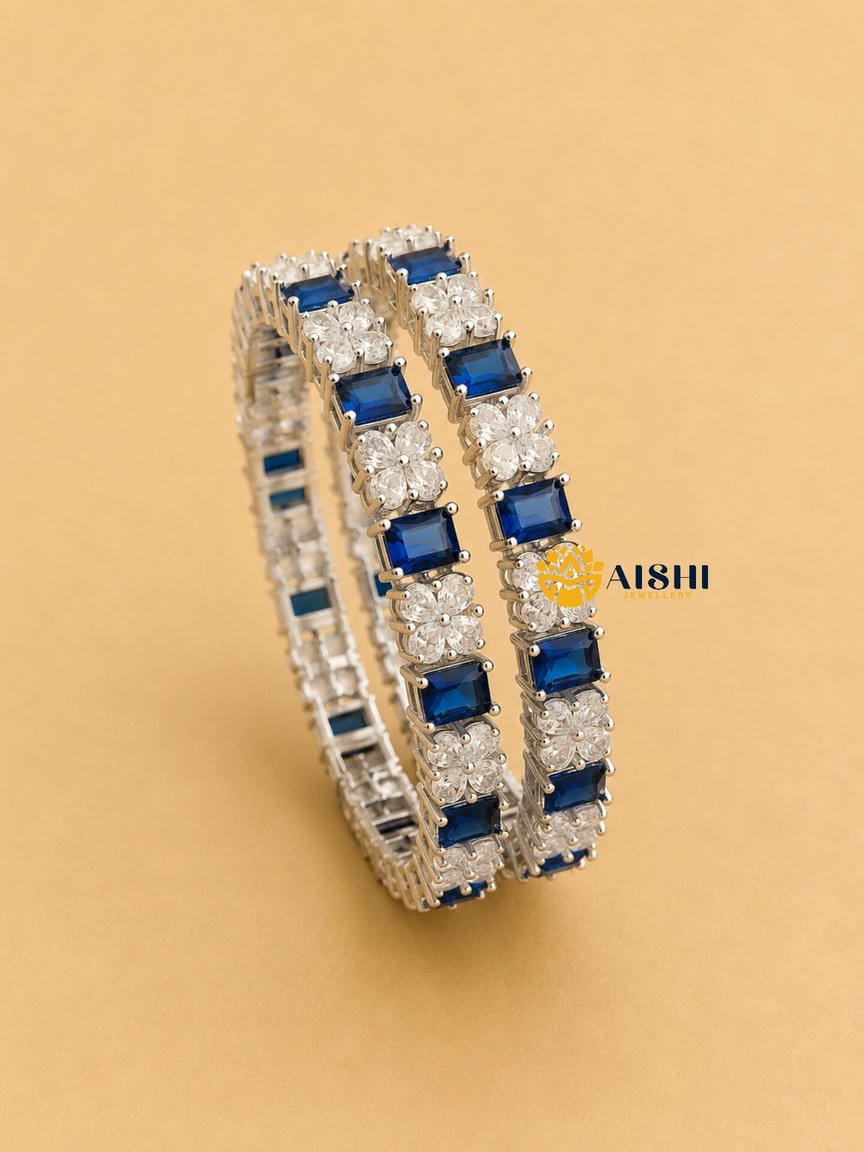 Silver Tone Ad Blue Bangles (Pair)-B38
