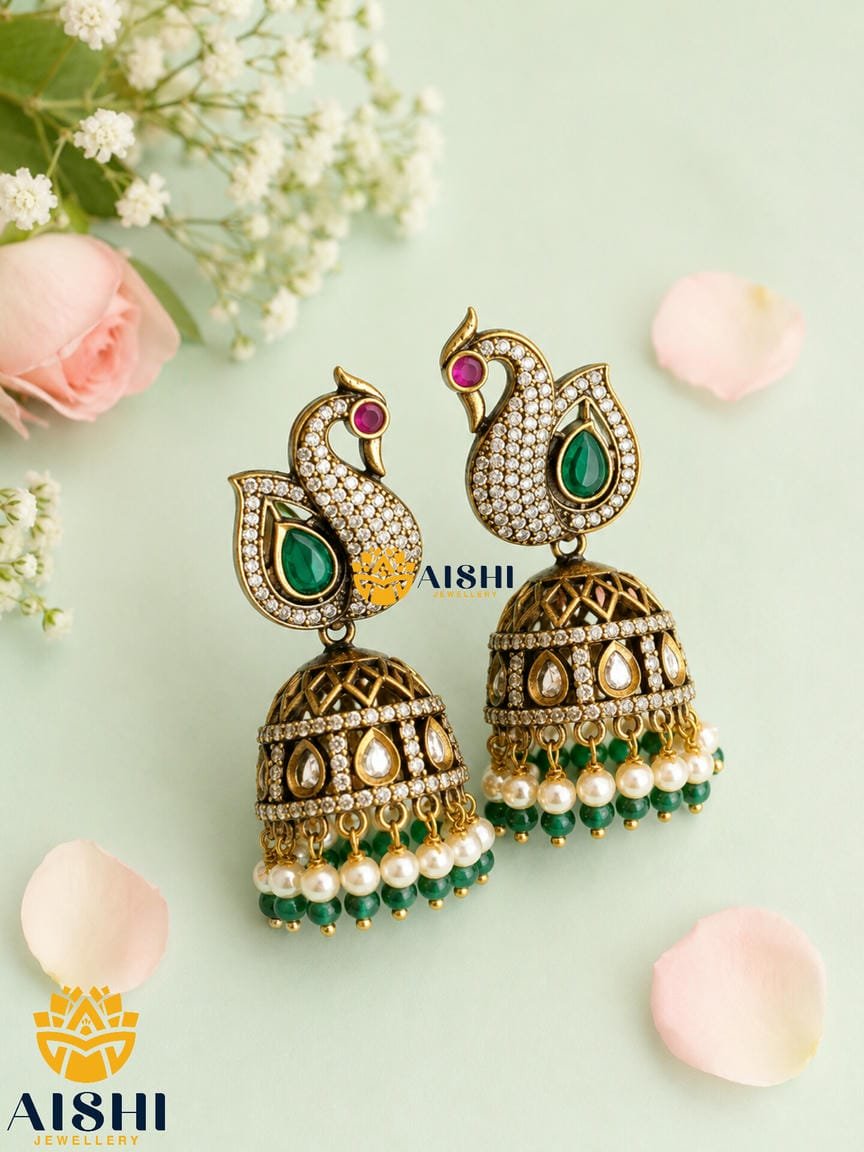 Victorian Peacock Jhumka(Green)-E250
