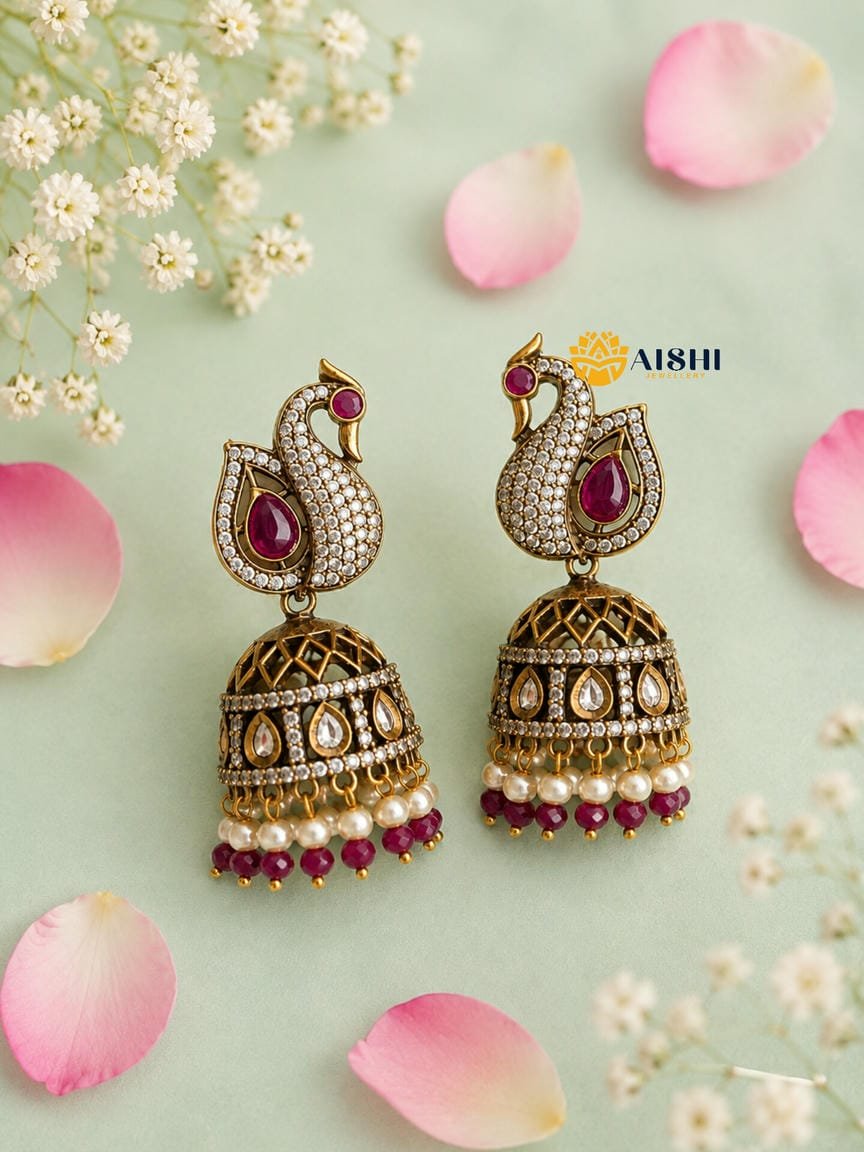 Victorian Peacock Jhumka(Red)-E251