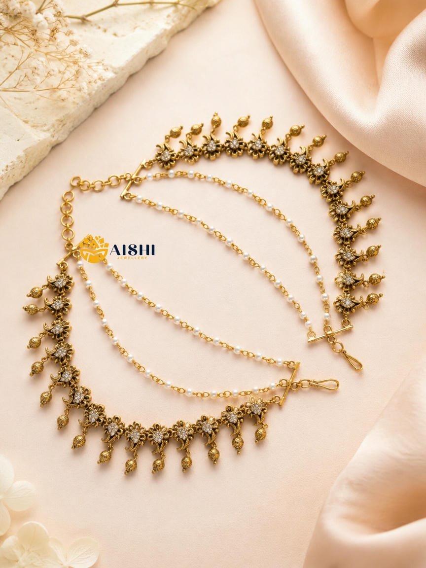 Antique White Beads Floral Earchain-EC149
