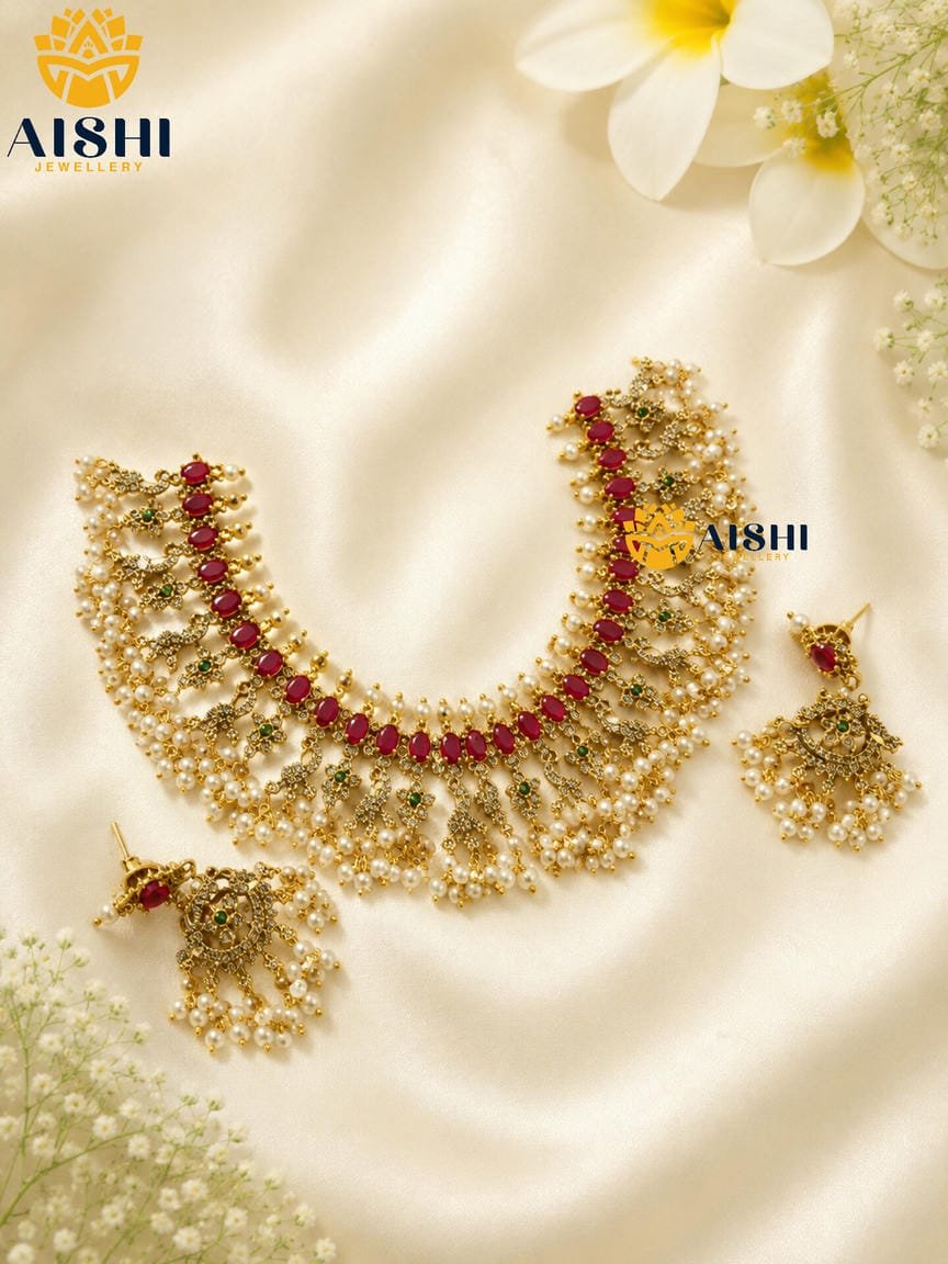 Ruby Green Pearl Necklace Set – N906