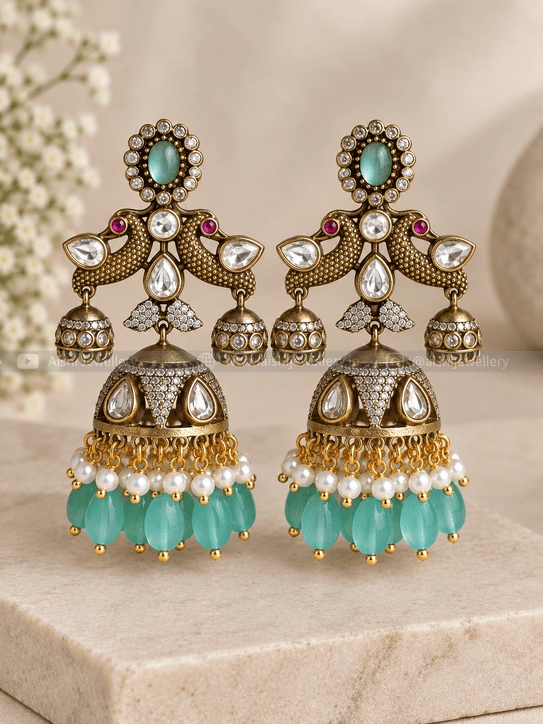 Peacock Jhumka (Mint Green) - AE138