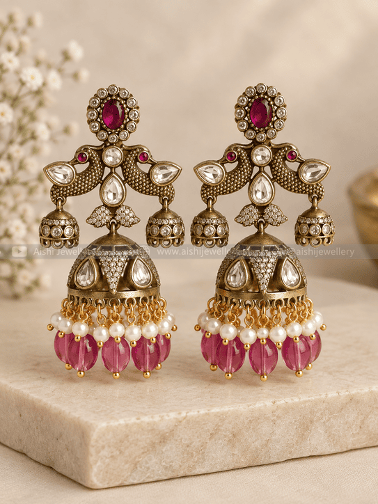 Peacock Jhumka (Rani Pink) - AE138