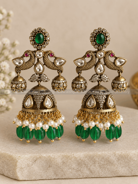 Peacock Jhumka (Green) - AE138
