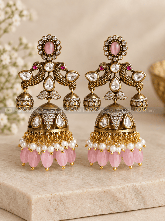 Peacock Jhumka (Baby Pink) - AE138