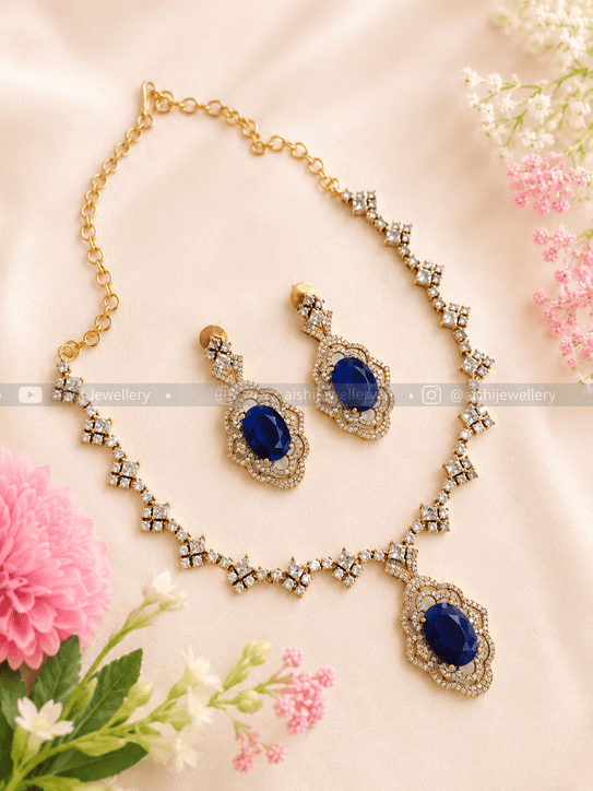 Victorian Diamond Simple Line Neck Set(Blue)-AN209