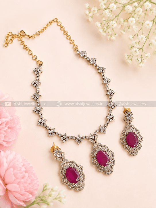 Victorian Diamond Simple Line Neck Set(Ruby)-AN211