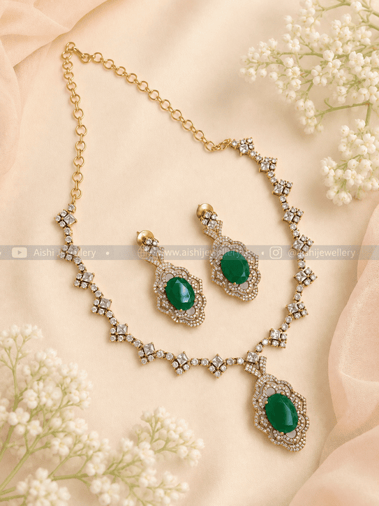 Victorian Diamond Simple Line Neck Set(Green)-AN212