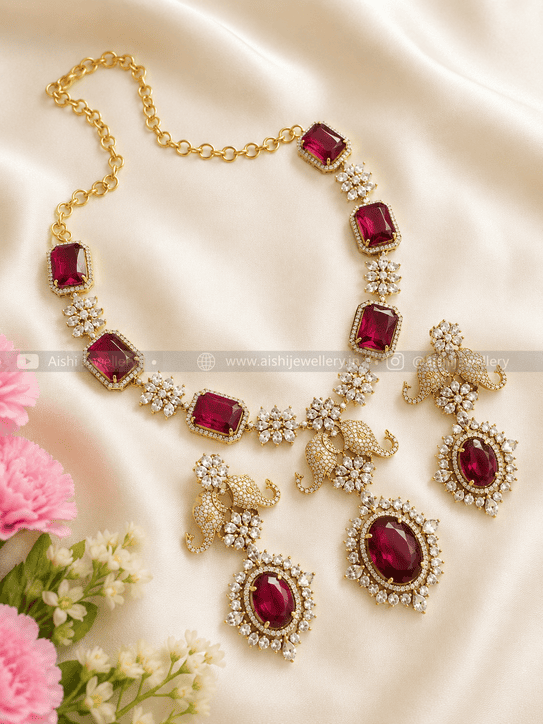 Elephant with Victorian Diamond Neck Set(Red)-AN214