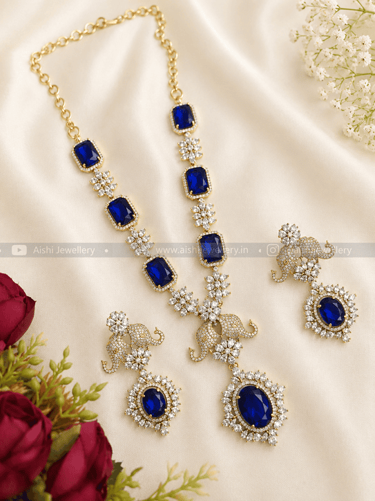 Elephant with Victorian Diamond Neck Set(blue)-AN215