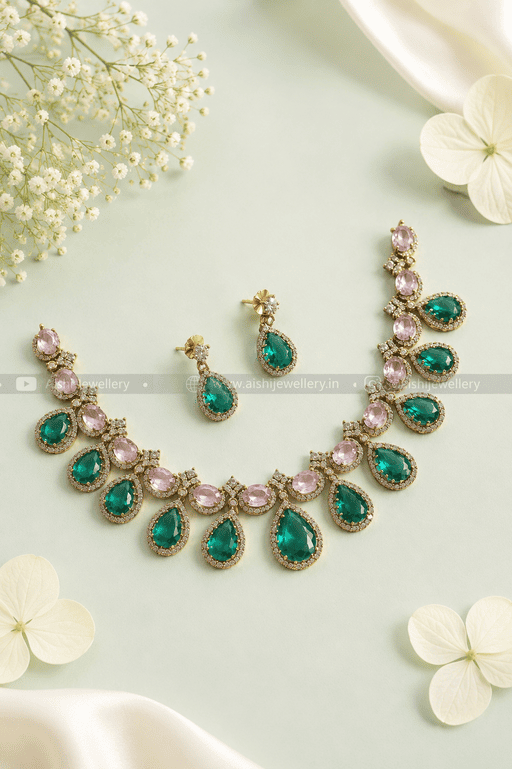 Emerald Rose Cascade Necklace Set – AN432