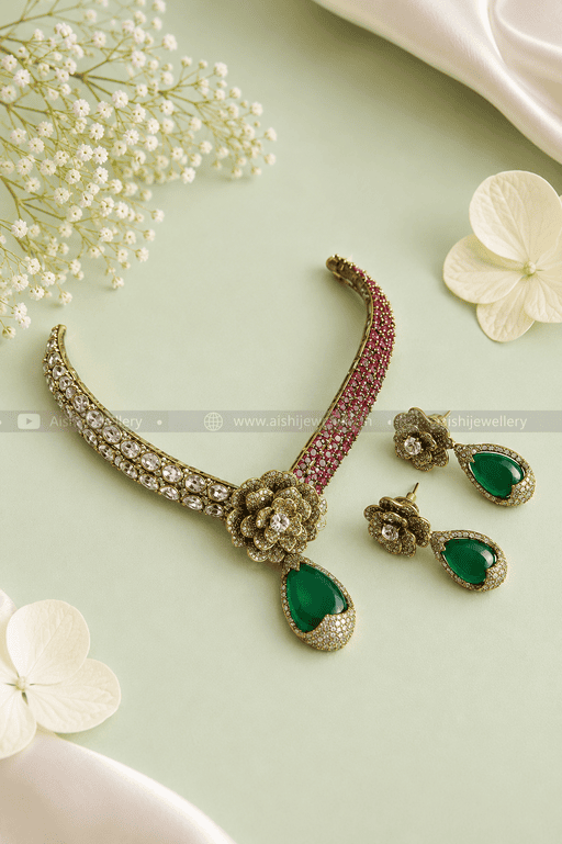 Emerald Floral Royale Necklace Set – AN437