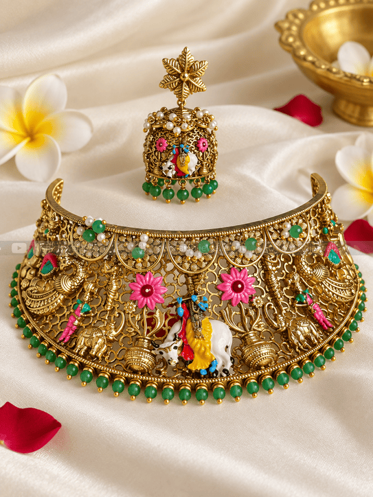 Eternal Krishna Kamadhenu Hand-Painted Choker-HN195
