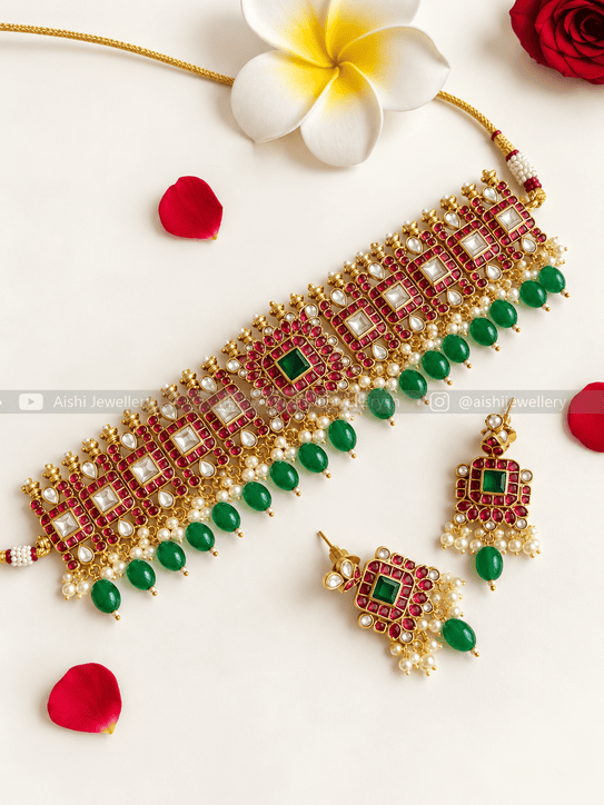 Vintage Floral Green Beads Choker-HN196