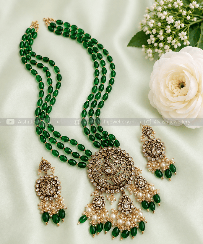Victoria Pearl Mala Set (Green)-LH157