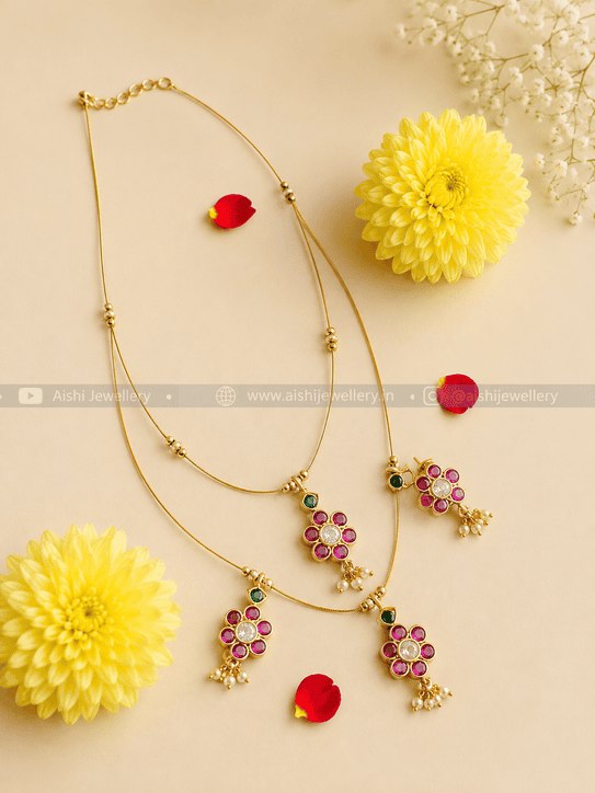 Invisible Double Layer Jadu Chain with Floral Pendant – N625