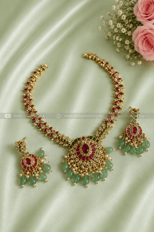 Ruby Green Pendant Necklace Set-N920